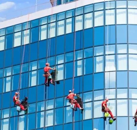 Workers using a rope descent system to clean windows on a building.