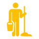 A logo representing a man holding a bucket and mop.