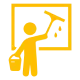 A logo representing a person holding a mop and bucket and cleaning the window.